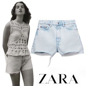 ZARA | Blue | HIGH RISE FRAYED HEM DENIM SHORTS